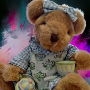 Russ Blueberry Teddy Bear holding porcelain Teapot and Teacup 90s